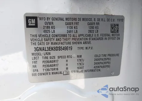 2013 Chevrolet Captiva Sport Lt z USA, uszkodzony, nr VIN 3GNAL3EK8DS549619